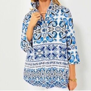 Tuckernuck Majolica Tile Print Blue White Relaxed Coastal Tunic Top Size XL